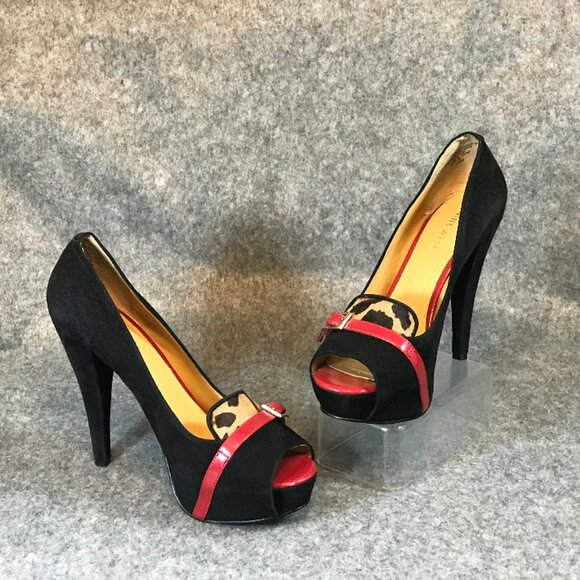 Nine West Women's Black Leather Front Red Strap Leopard Open Toe Heel Shoes - Picture 8 of 14